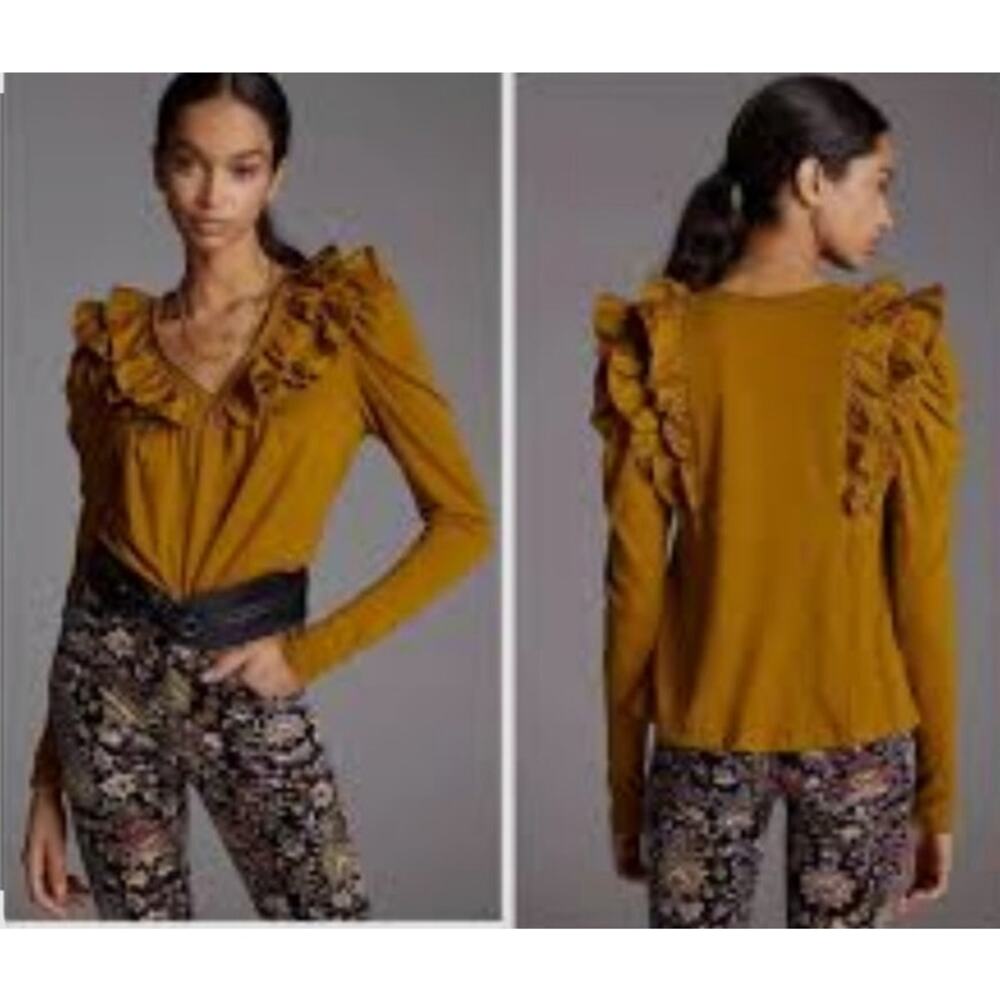 Anthropologie Women's Mustard Yellow Long Sleeve Ruffle Top SZ M Autumn Fall - Picture 2 of 8